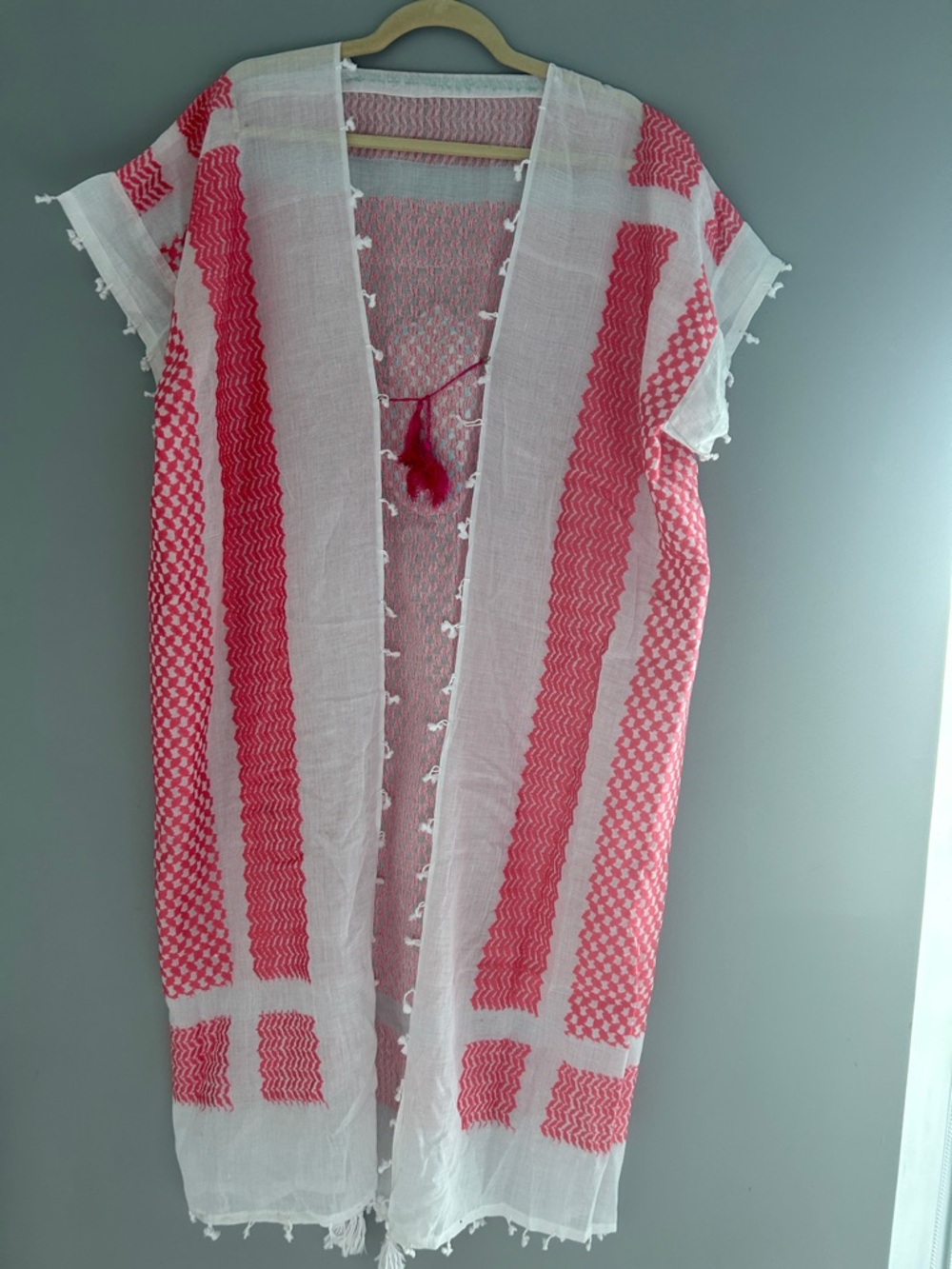 Women’s Pink & White Open-Front Tunic Cover-Up with Tassel Tie